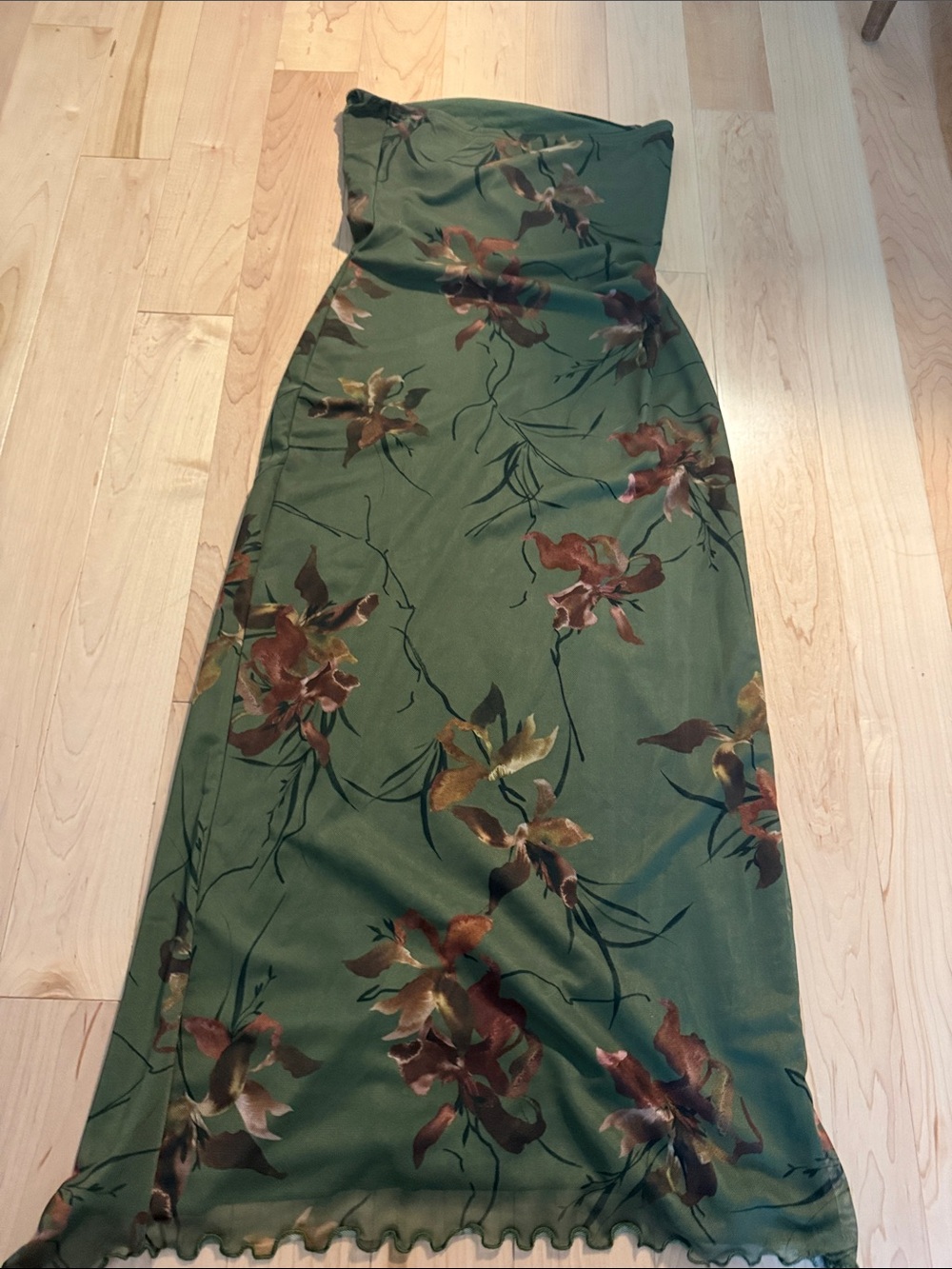 Strapless Olive Green Floral Slip Dress